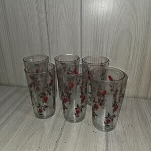 Vtg 70s Anchor Hocking Set Of 6 Climbing Roses Drinking Glasses Rosebuds Barware